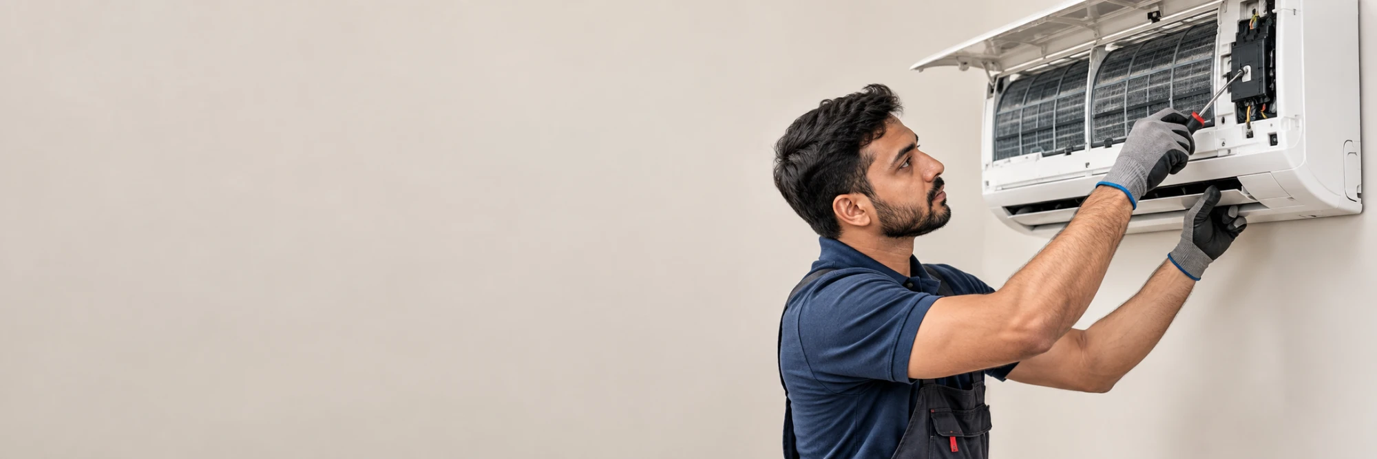 Technician servicing an open split AC unit