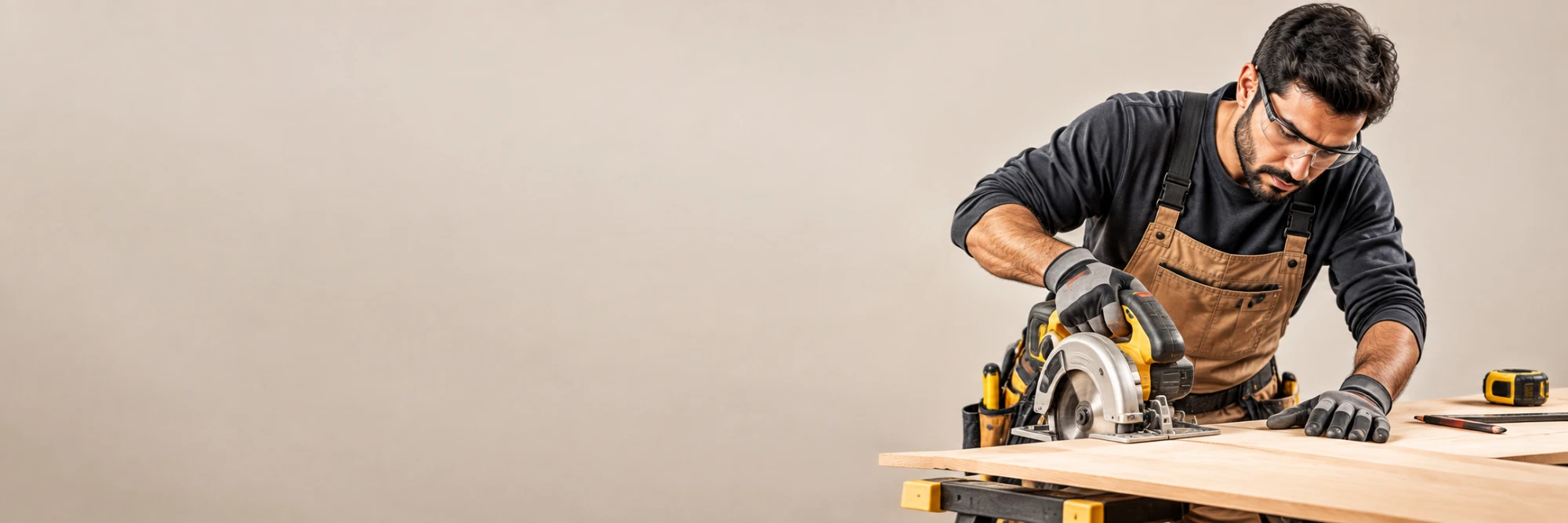 Carpenter cutting a timber board with a circular saw
