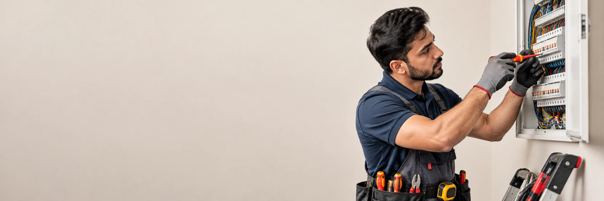 Electrician working on a distribution board with an insulated screwdriver