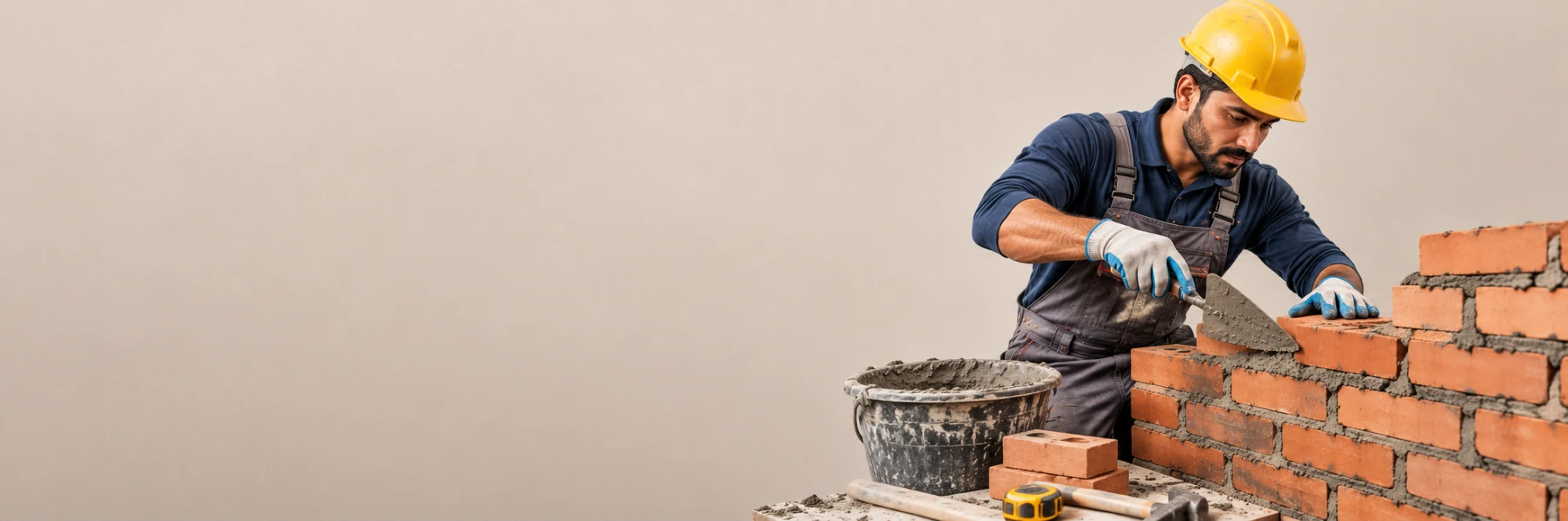 Mason laying red bricks with a trowel and mortar