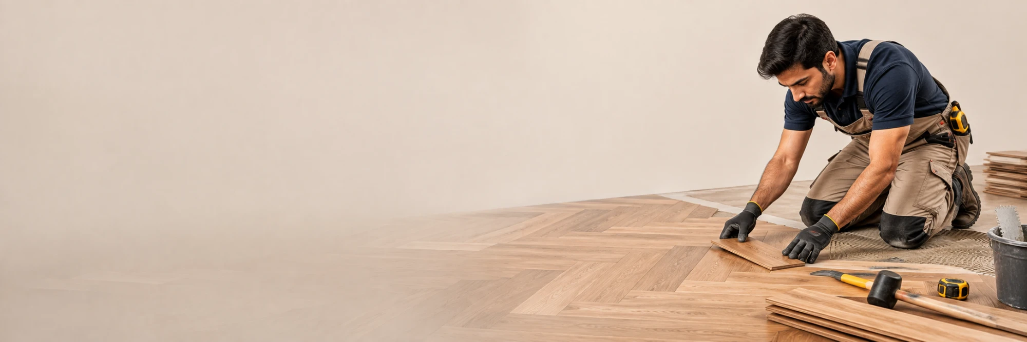 Floor fitter laying herringbone parquet boards