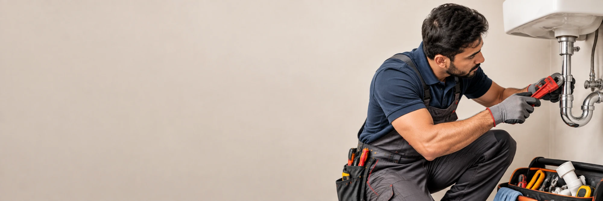 Plumber tightening the pipe under a bathroom sink with a wrench