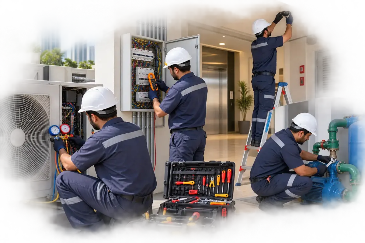 Technicians servicing an AC unit, electrical panel, lighting and water pump