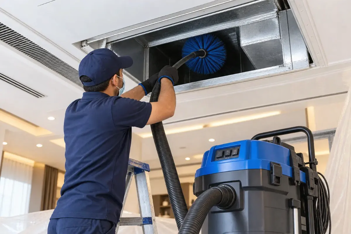 Technician cleaning an AC duct with a rotary brush and vacuum