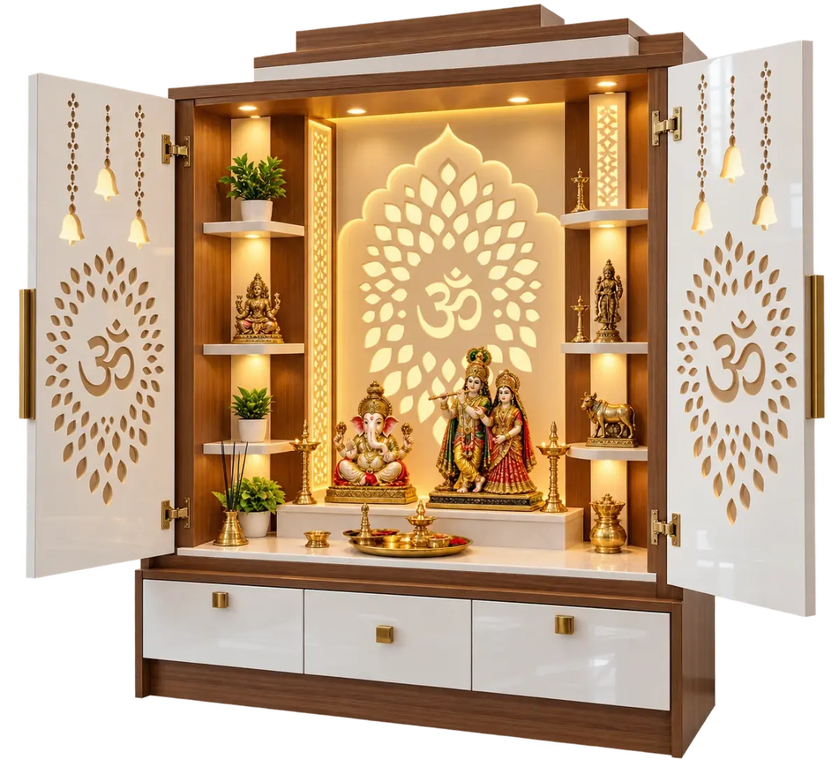 Lit wooden pooja cabinet with carved jali doors and drawers