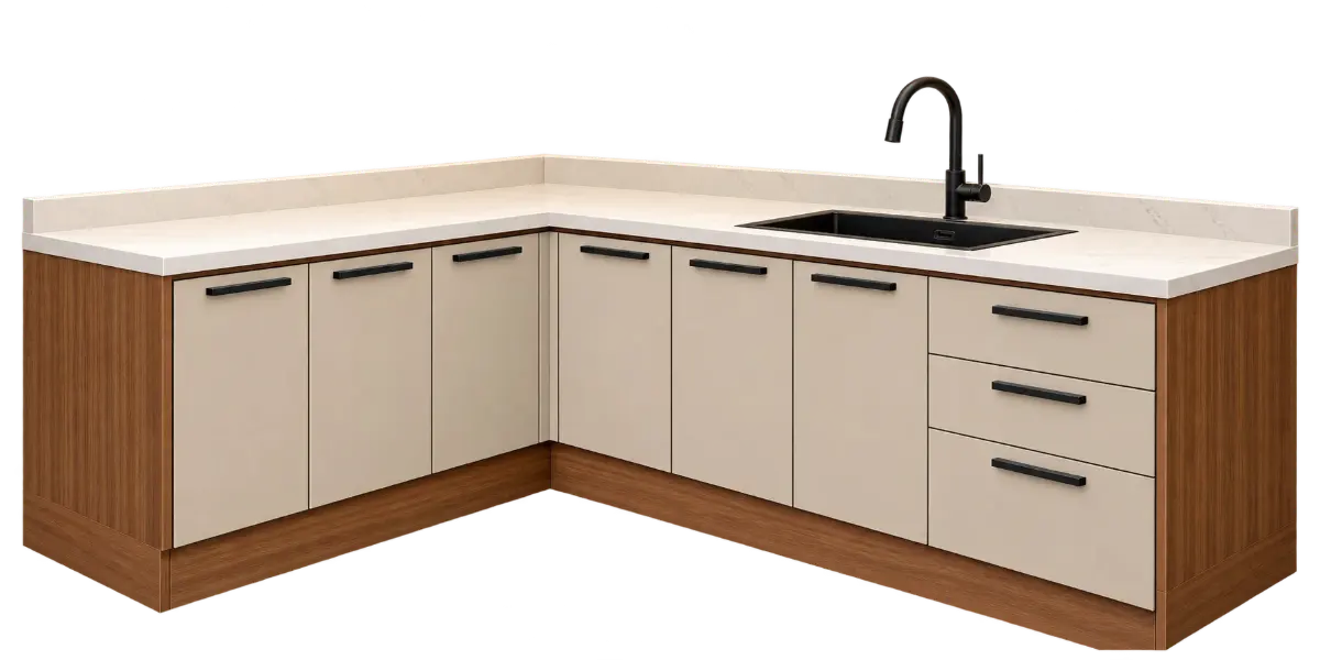 Base kitchen cabinets with worktop, right section