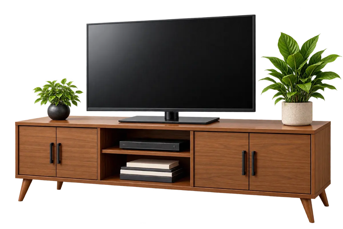 Wooden TV unit with a television and plants