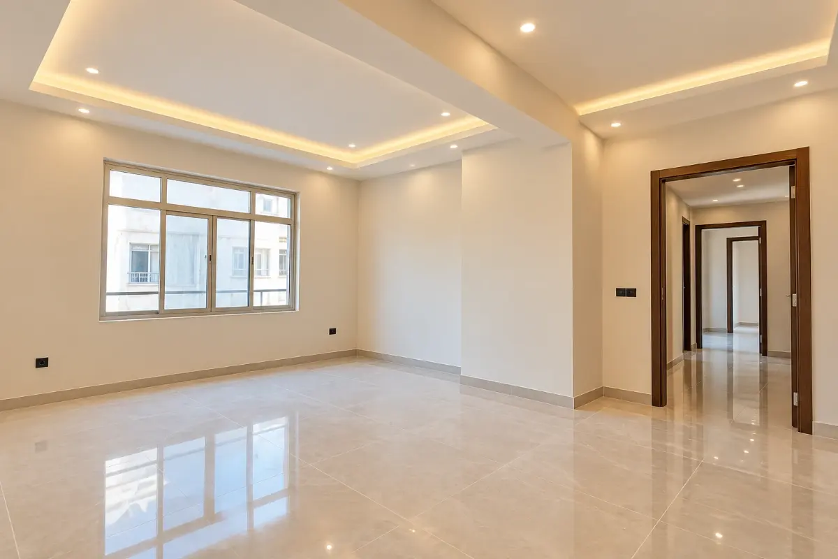 Renovated room with new ceiling lights and marble floor